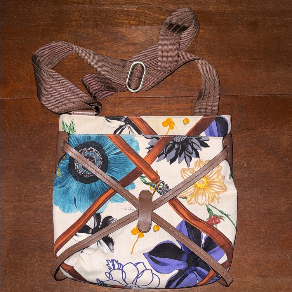 Salvatore Ferragamo Floral Crossbody with Brown Trim and Blue Accents